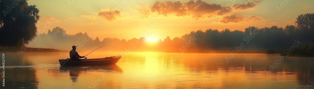 Fototapeta premium A fisherman in a boat on a calm lake, casting a line with the sun setting in the distance