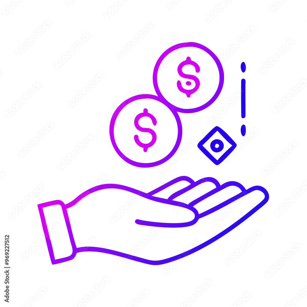 Hand holding coins, gradient outline design, finance and investment symbol with copy space Hand holding coins, gradient outline design, finance and investment symbol with copy space
