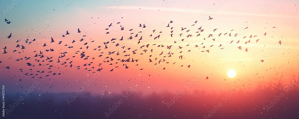 A flock of birds flying in formation across a fading sky, their wings outlined against the last light of day A flock of birds flying in formation across a fading sky, their wings outlined against the last light of day