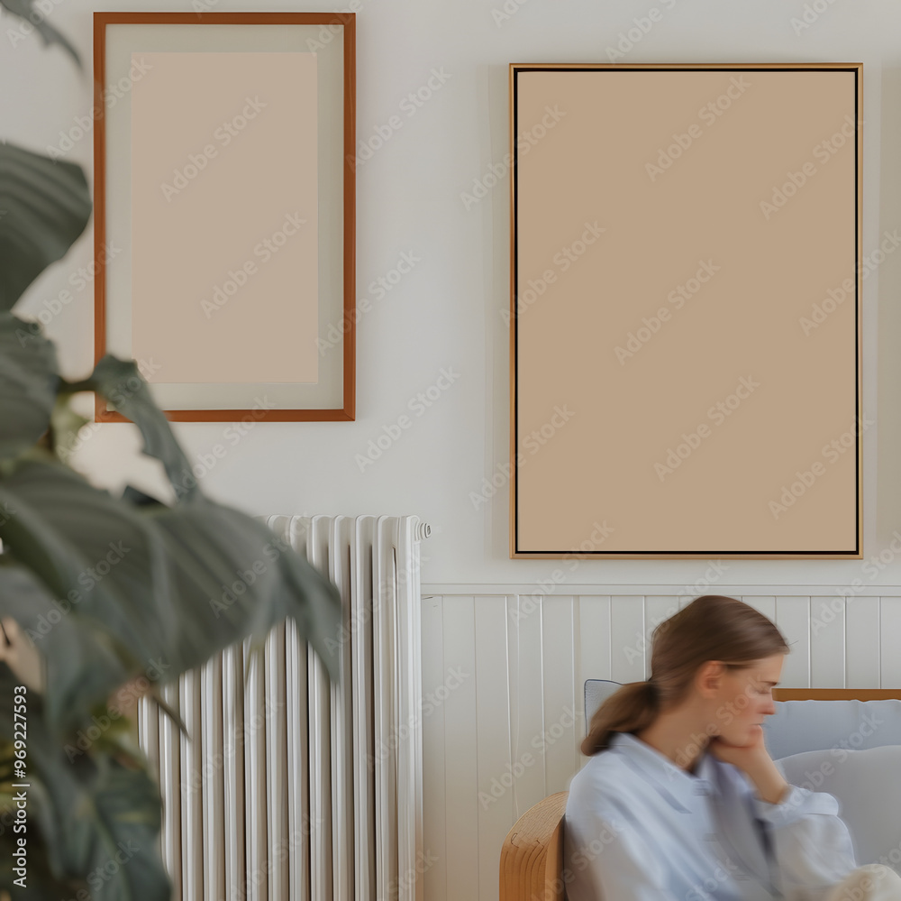 wooden frames mockup with woman in the wabi-sabi style minimalist interior design, soft color palette wooden frames mockup with woman in the wabi-sabi style minimalist interior design, soft color palette