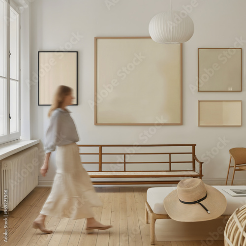 wooden frames mockup with woman in the wabi-sabi style minimalist interior design, soft color palette