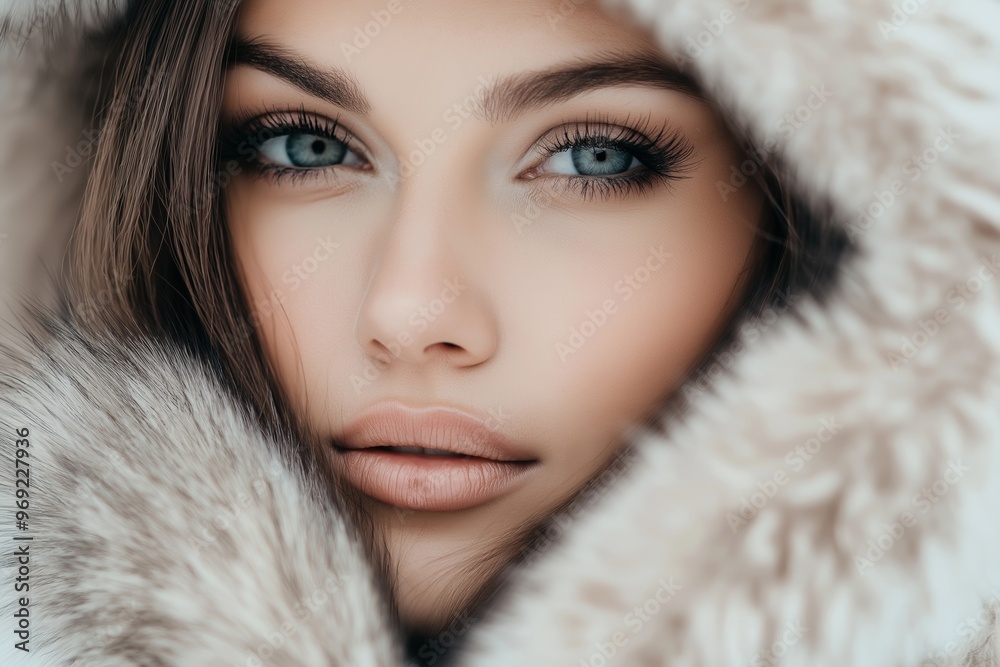 A woman with blue eyes and a white fur coat. She is wearing a fur coat and has her face covered by it A woman with blue eyes and a white fur coat. She is wearing a fur coat and has her face covered by it