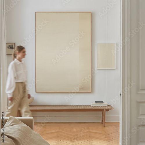 wooden frames mockup with woman in the wabi-sabi style minimalist interior design, soft color palette