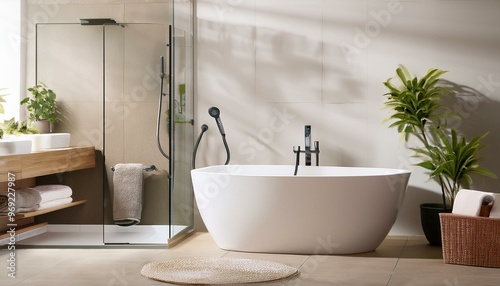 Baignoire îlot et douche à l'italienne : une salle de bains contemporaine et fonctionnelle