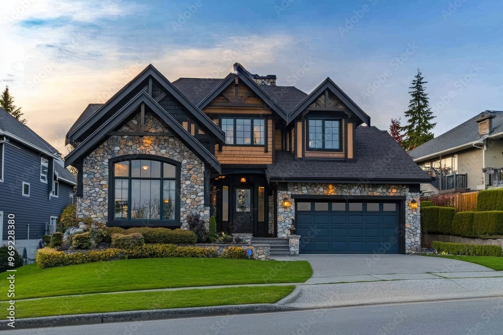 Modern Stone House with a Lush Green Lawn Modern Stone House with a Lush Green Lawn
