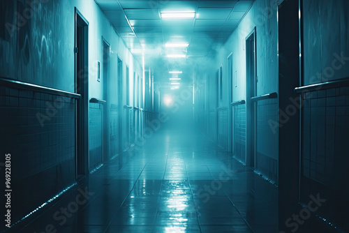 A haunted hospital corridor with flickering lights and eerie fog creates chilling atmosphere