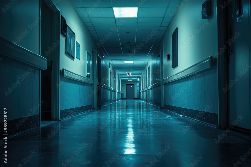 Fototapeta premium A haunted hospital corridor with flickering lights creates an eerie atmosphere