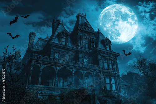 A haunted mansion at night with full moon and bats creates an eerie atmosphere