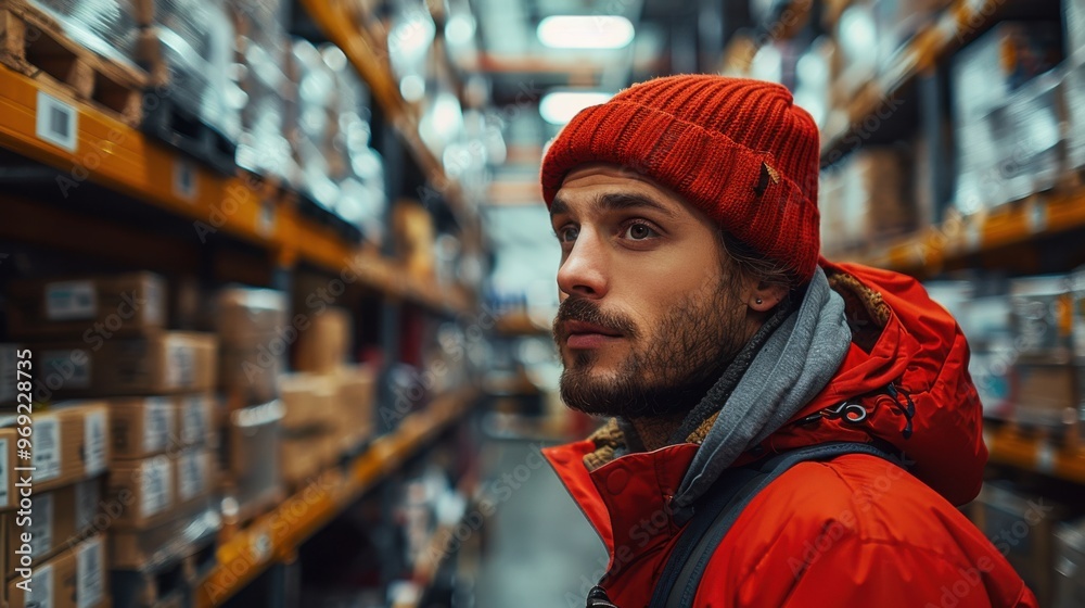 Young man explores a vibrant warehouse filled with stacked packages on a chilly winter afternoon Young man explores a vibrant warehouse filled with stacked packages on a chilly winter afternoon