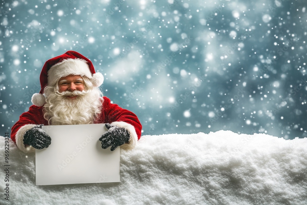 Santa Claus Holding a Blank Sign in Snowy Landscape Santa Claus Holding a Blank Sign in Snowy Landscape