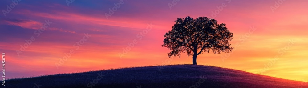 A lone tree standing tall on a hilltop, silhouetted against a vibrant sunset A lone tree standing tall on a hilltop, silhouetted against a vibrant sunset