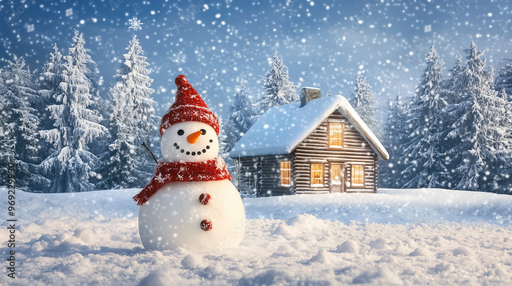 Fototapeta premium snowman in front beautiful house architecture