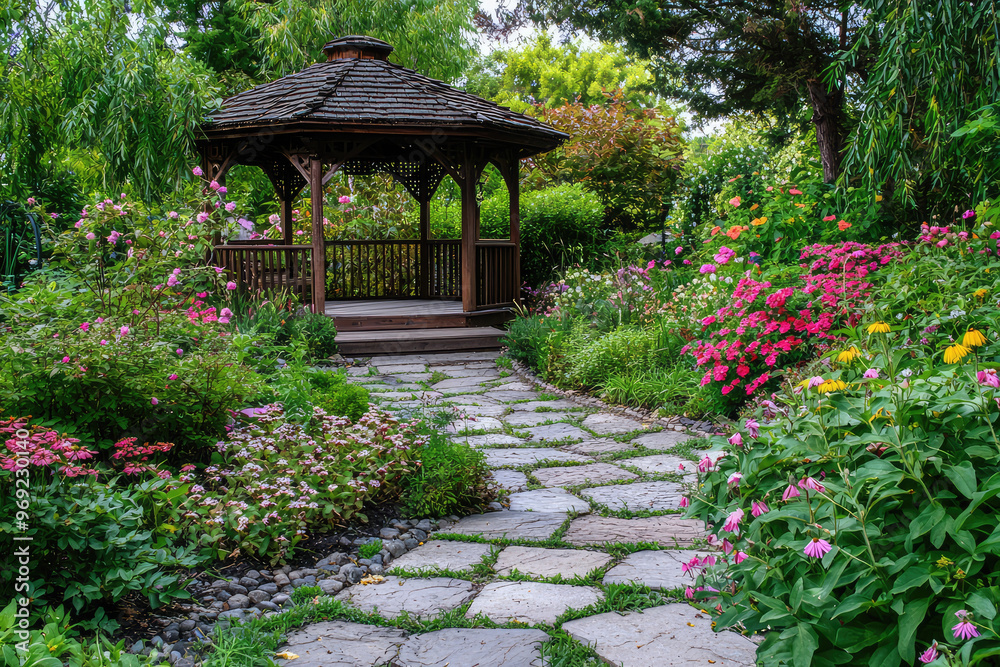 A peaceful garden paradise with stone pathway and vibrant flowers