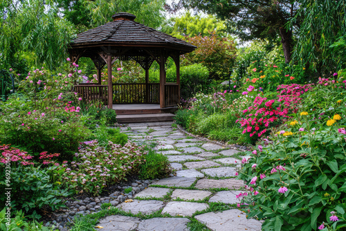 A peaceful garden paradise with stone pathway and vibrant flowers