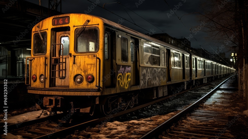 Commuter train at metro railway station at night. Neural network ai generated art Commuter train at metro railway station at night. Neural network ai generated art