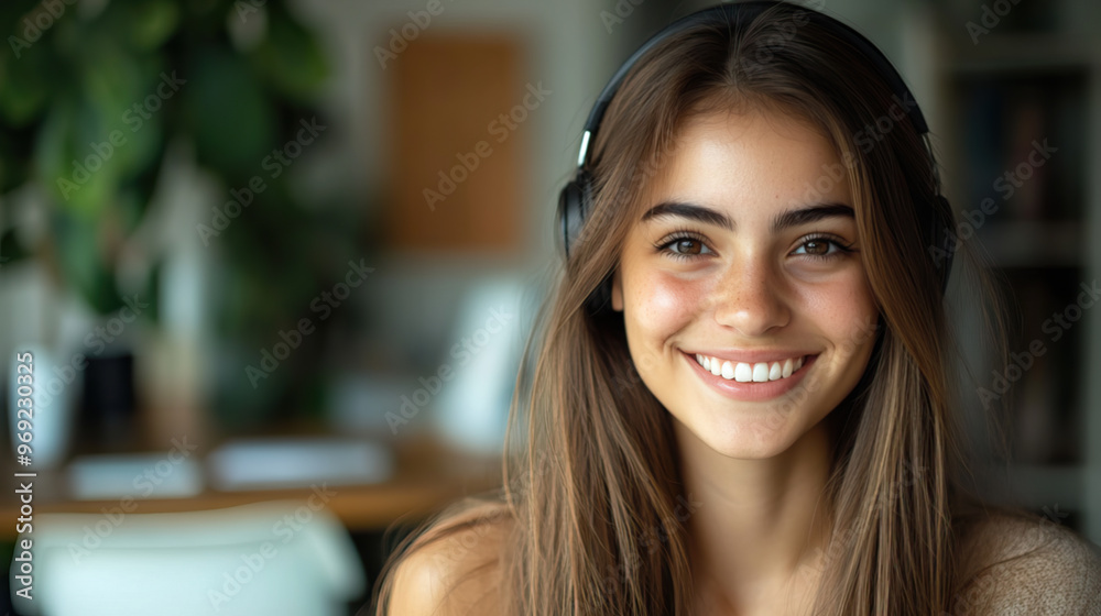 A beautiful smiling woman, is on the right side of the photo, she has headphones on A beautiful smiling woman, is on the right side of the photo, she has headphones on