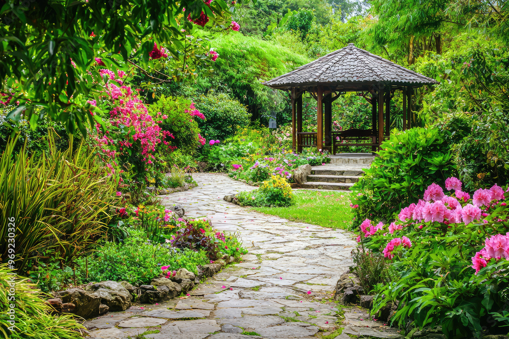 A peaceful garden paradise with stone pathway and vibrant flowers A peaceful garden paradise with stone pathway and vibrant flowers