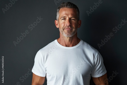 Happy confident handsome fit sporty healthy mature older man, middle aged sportsman athlete or personal trainer wearing white t-shirt standing isolated on gray with generative ai