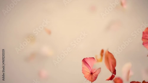 beautiful scene of delicate pink flower petals floating and falling gently through the air, set against a soft pastel background