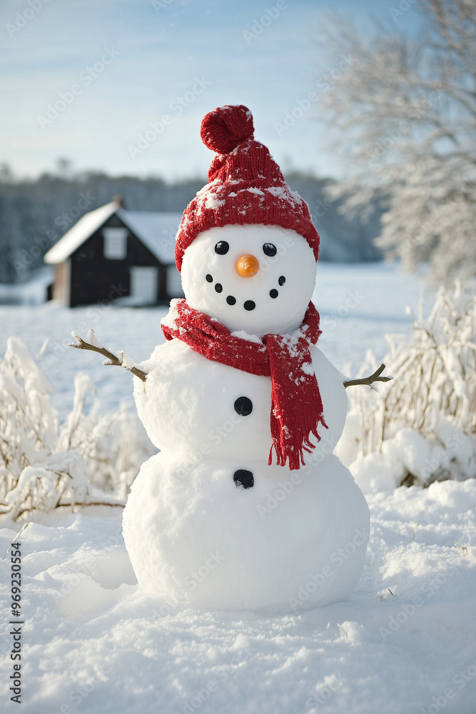 Obraz premium a charming snowman stand on the farm village while snow flies