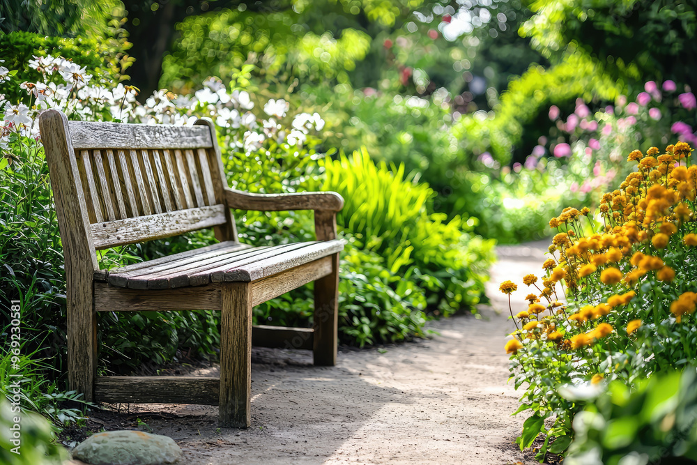 A peaceful garden paradise with wooden bench surrounded by vibrant flowers A peaceful garden paradise with wooden bench surrounded by vibrant flowers