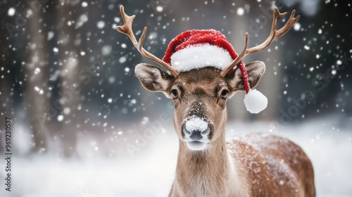 Christmas reindeer in red Santa Claus cap in the snowy forest