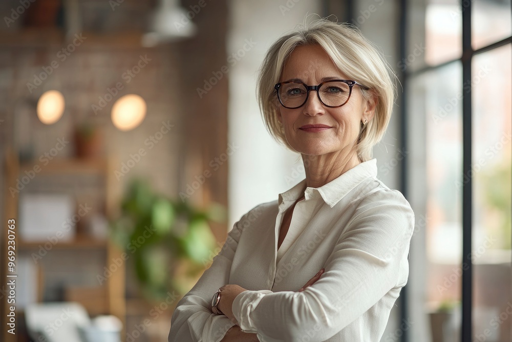 Happy mature business woman leader standing in office looking away. Smiling confident older middle aged professional lady corporate leader, senior female executive with generative ai Happy mature business woman leader standing in office looking away. Smiling confident older middle aged professional lady corporate leader, senior female executive with generative ai