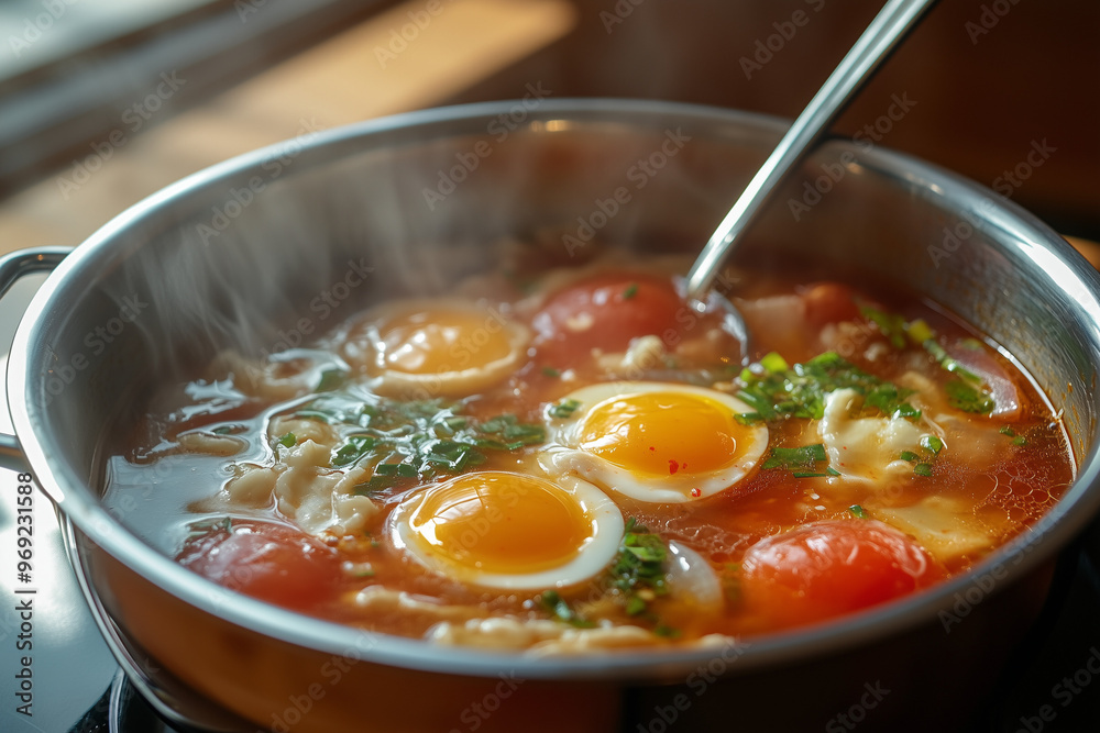 A close-up of Sundubu Jjigae with a spoon and chopsticks, vibrant ingredients visible A close-up of Sundubu Jjigae with a spoon and chopsticks, vibrant ingredients visible