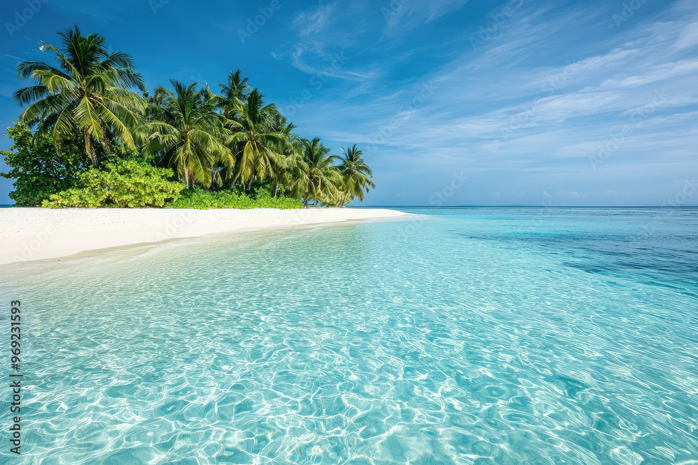 A picturesque view of paradise island with sandy beach and clear water A picturesque view of paradise island with sandy beach and clear water