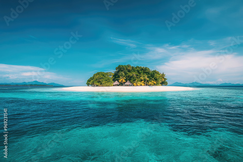 A picturesque view of paradise island with sandy beach and clear water