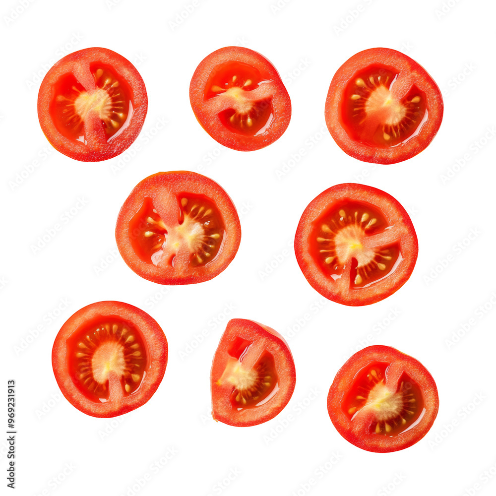 Engaging depiction of tomato slices in mid-fall highlighting bright color and fresh look on white background. Engaging depiction of tomato slices in mid-fall highlighting bright color and fresh look on white background.