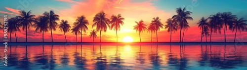 A row of palm trees silhouetted against a tropical sunset, with the ocean reflecting the vibrant colors