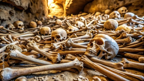 Closeup of bones leftovers in a cave of skulls, Cueva de las Calaveras in Benidoleig, Valencia , bones photo