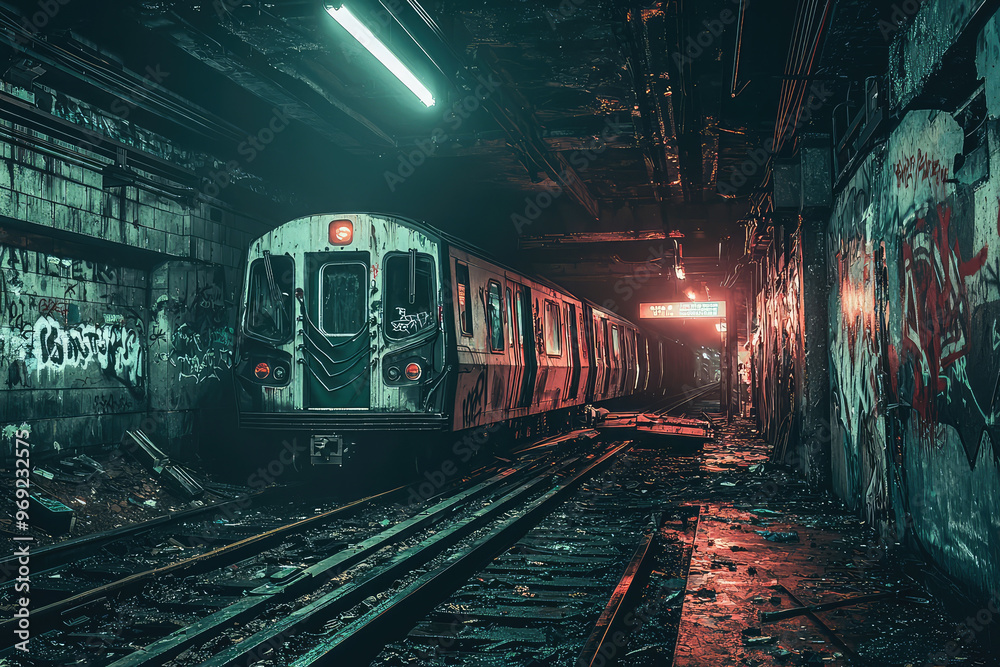 Naklejka premium A post apocalyptic subway station with train in dark, graffiti covered environment