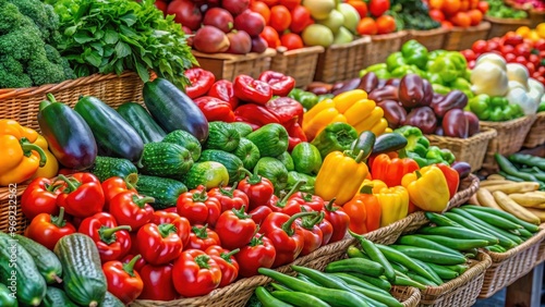 Variety of fresh vegetables like bell peppers, tomatoes, and cucumbers on a market stall, vegetables, market, fresh, organic