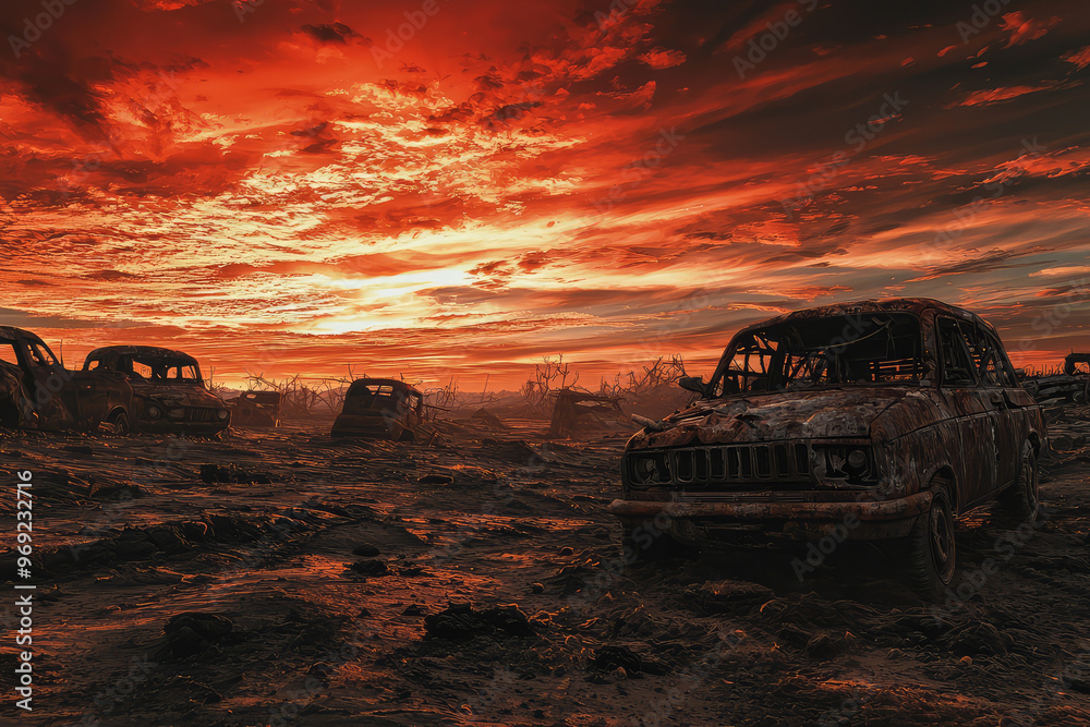 Fototapeta premium A post apocalyptic wasteland with barren landscape and abandoned cars evokes haunting atmosphere