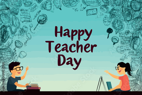 Vector illustration of happy teacher day celebration with students and learning elements
