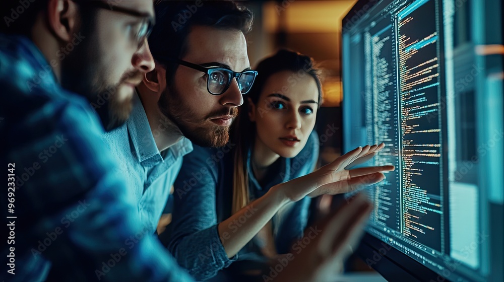 Team of developers working on code. The photo illustrates collaboration and problem solving within a software development team. Team of developers working on code. The photo illustrates collaboration and problem solving within a software development team.