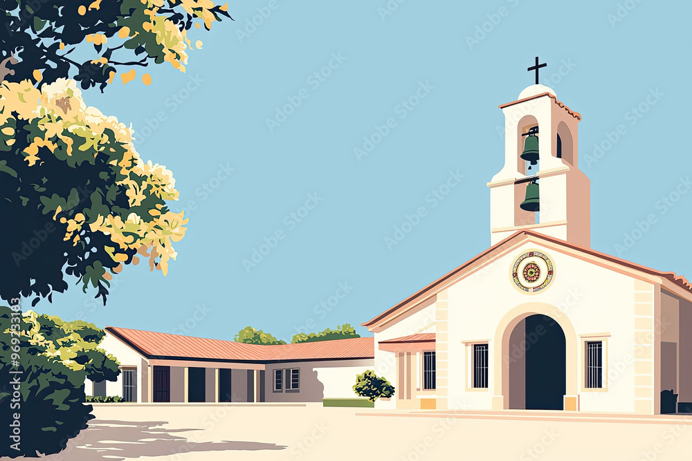 Fototapeta premium A serene illustration of Catholic churchs exterior with vibrant surroundings