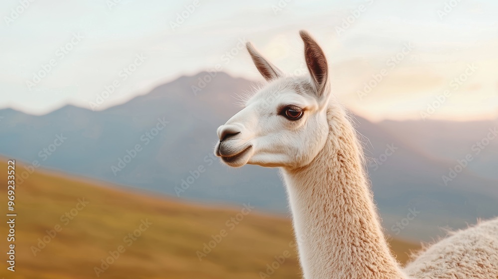 Obraz premium A white llama is standing in a field with mountains in the background