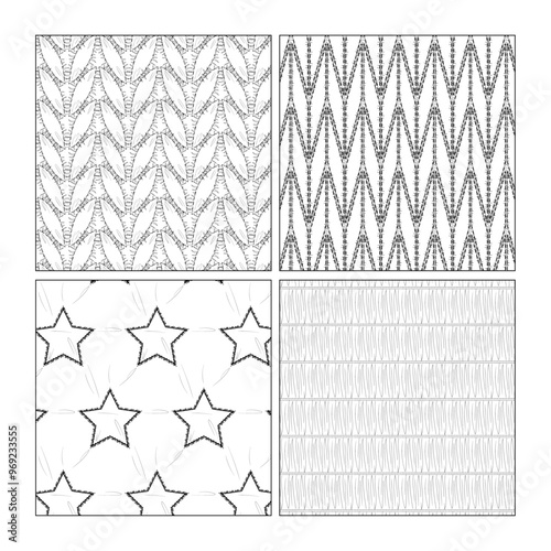 Seamless set of patterns with a transparent background. A repeatable background with a geometric shape quilted pattern. Zigzag and star shape quilting textures.