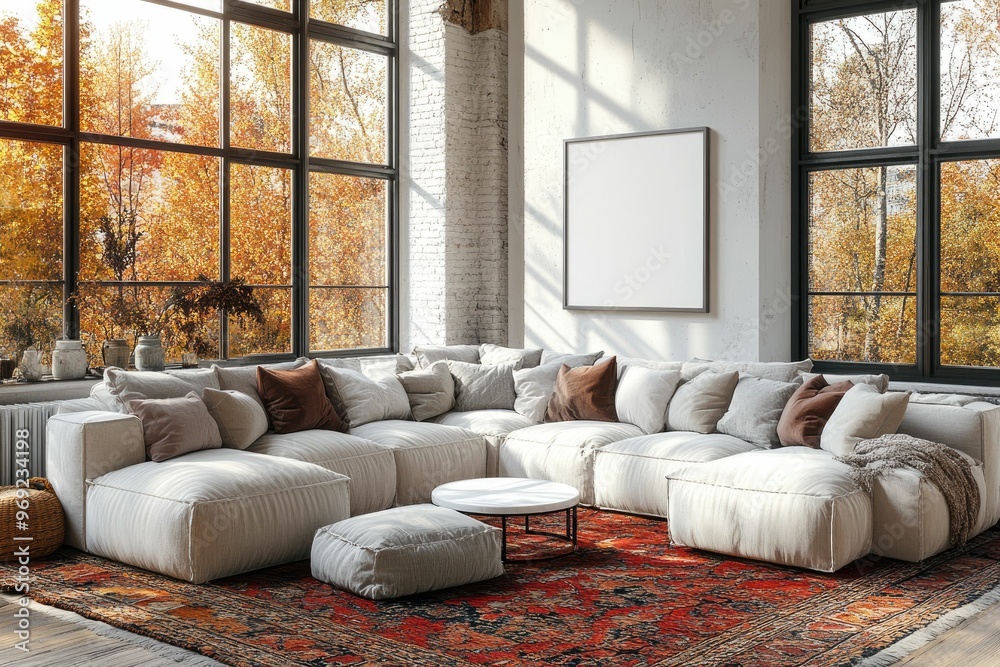 Fototapeta premium Cozy living room with large sectional sofa and autumn view through windows.