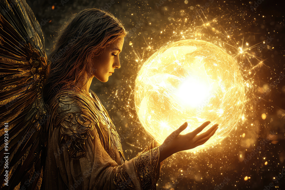 Naklejka premium A serene illustration of Archangel Uriel holding glowing orb, radiating light and warmth