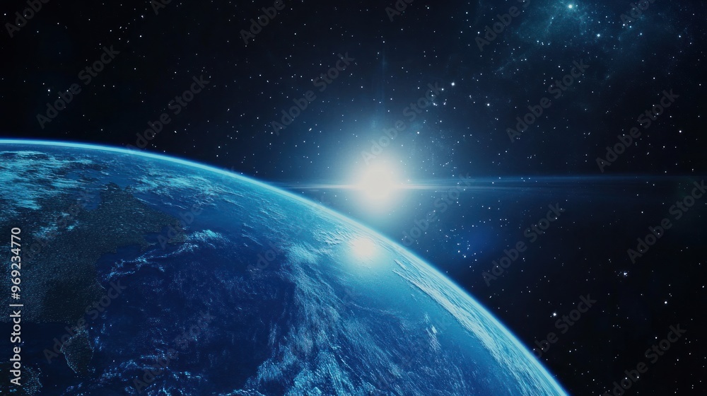 Obraz premium Earth from Space, Sun Rays and Stars