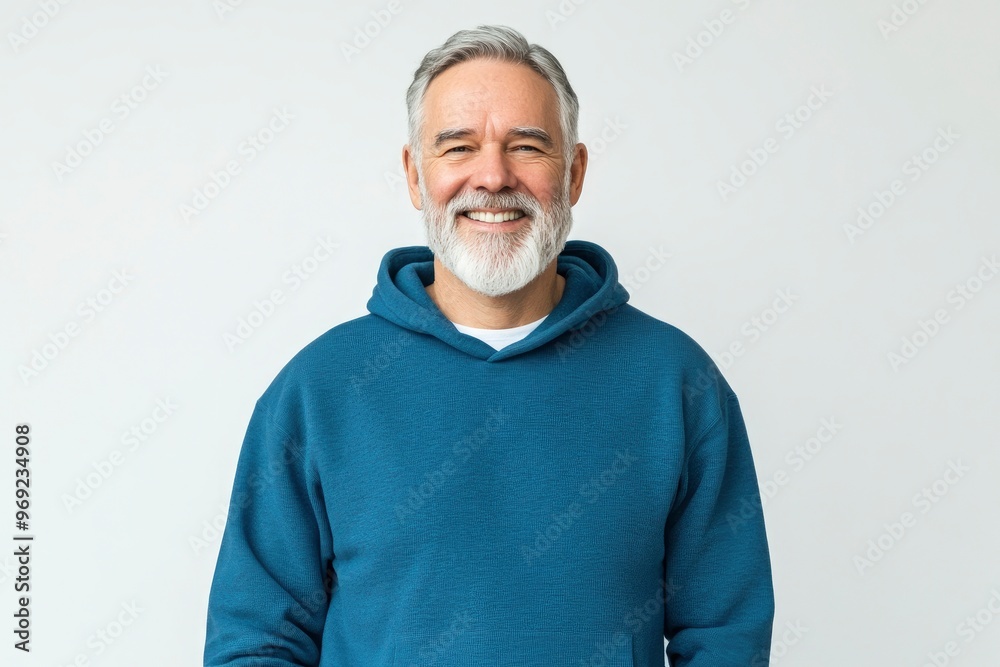 Happy mature old bearded man with dental smile, cool mid aged gray haired older senior hipster wearing blue sweatshirt standing isolated on white background looking at camera, with generative ai Happy mature old bearded man with dental smile, cool mid aged gray haired older senior hipster wearing blue sweatshirt standing isolated on white background looking at camera, with generative ai