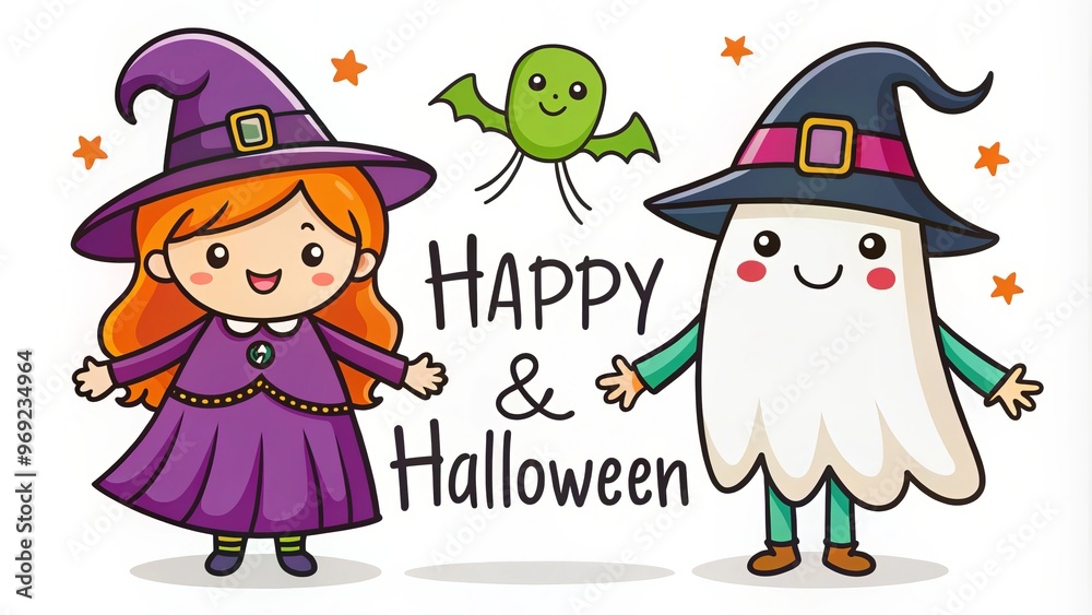 A bewitching duo, the witch and ghost, clasped hands beneath a swirling vortex of orange and black, where A bewitching duo, the witch and ghost, clasped hands beneath a swirling vortex of orange and black, where