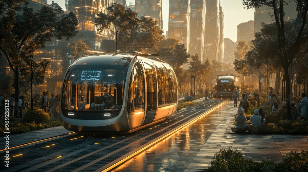Obraz premium Self-driving buses operating in futuristic smart cities: Autonomous buses moving people efficiently through a tech-forward urban environment.