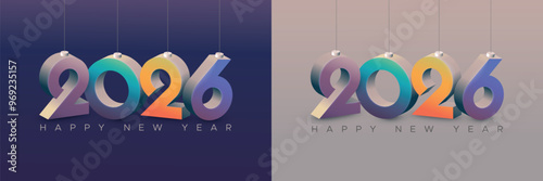 Happy new year 2026 square template with 3D hanging number. Greeting concept for 2026 new year celebration