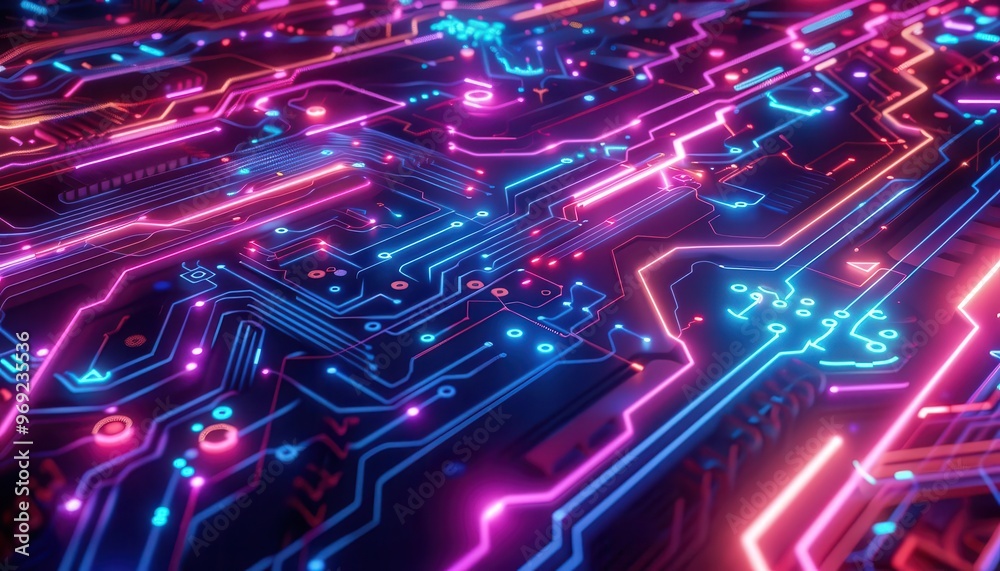 Neon Circuitry, a vibrant composition of glowing circuit paths and connections, illuminated in electric blue and pink, reflecting futuristic technology and design. Neon Circuitry, a vibrant composition of glowing circuit paths and connections, illuminated in electric blue and pink, reflecting futuristic technology and design.