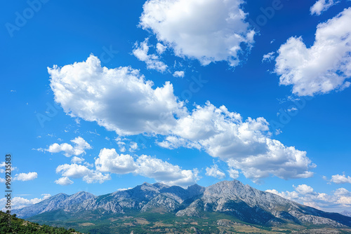 A serene mountain paradise with clear blue sky and fluffy clouds